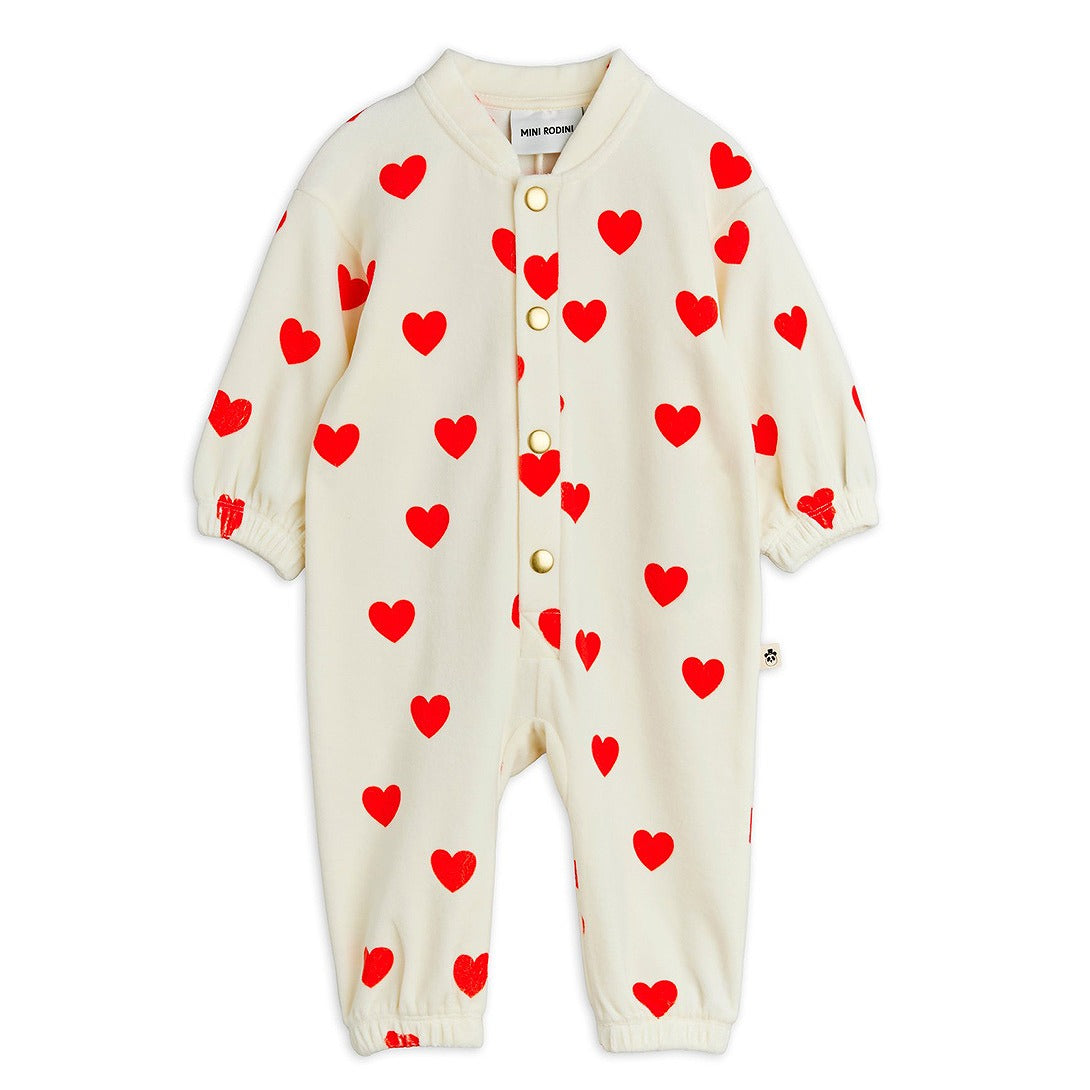 mini rodini】Hearts aop velour baby jumpsuit White ジャンプスーツ 