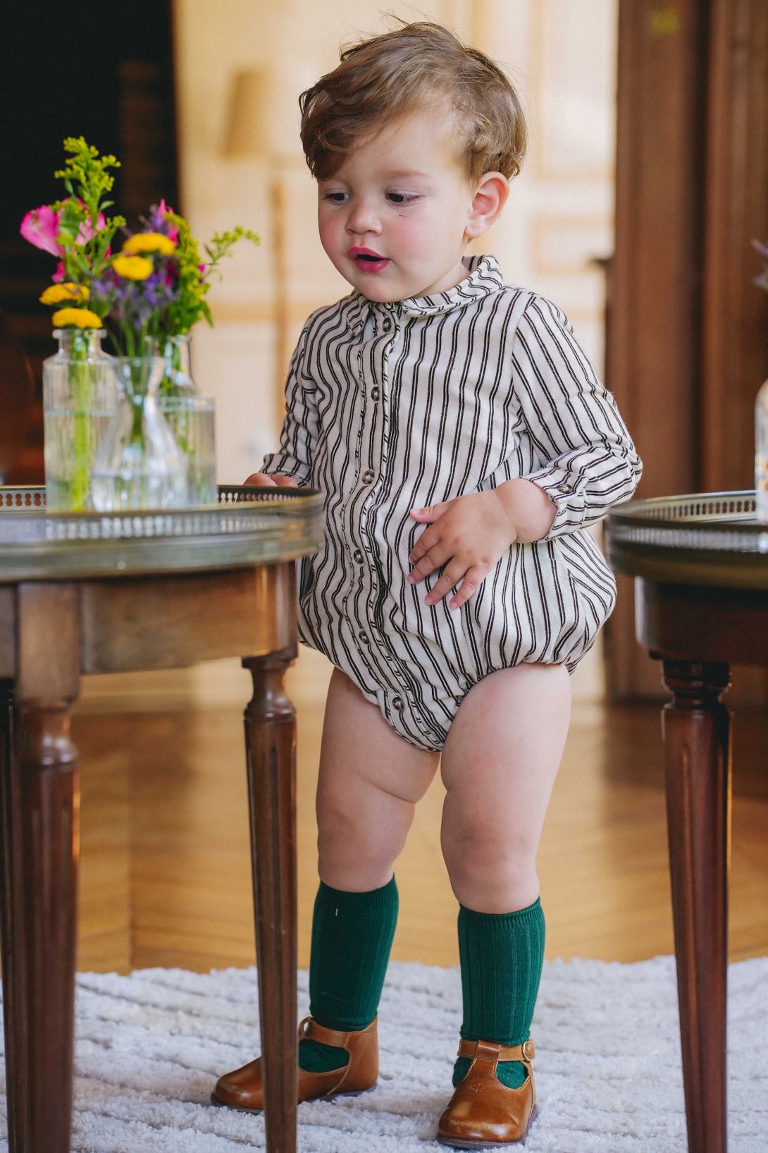 【LOIR Paris】【予約販売】Barboteuse ORSO FLOCKED CREAMSTRIPES ロンパース 12m,18m,24m  | Coucoubebe/ククベベ