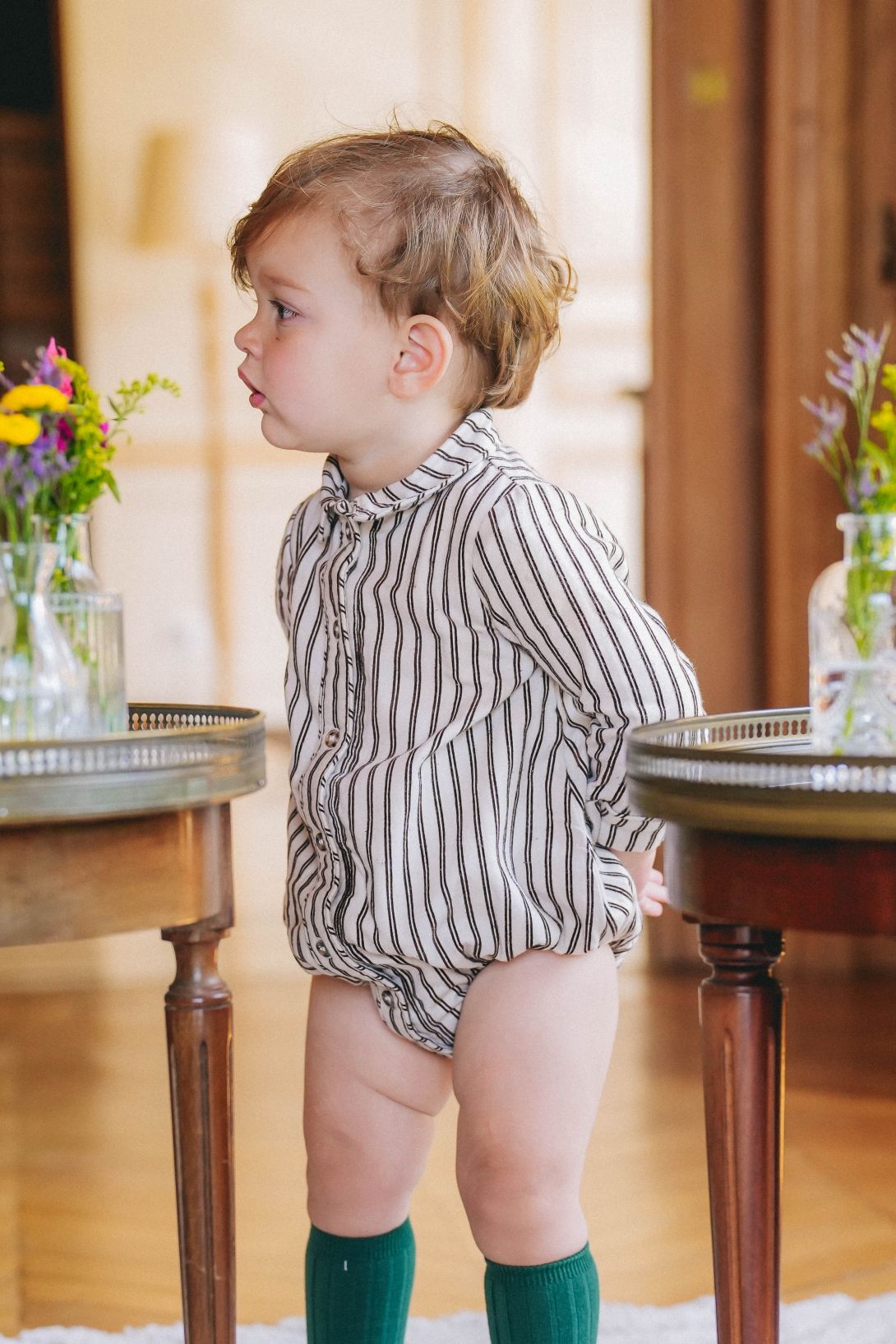 【LOIR Paris】【予約販売】Barboteuse ORSO FLOCKED CREAMSTRIPES ロンパース 12m,18m,24m  | Coucoubebe/ククベベ