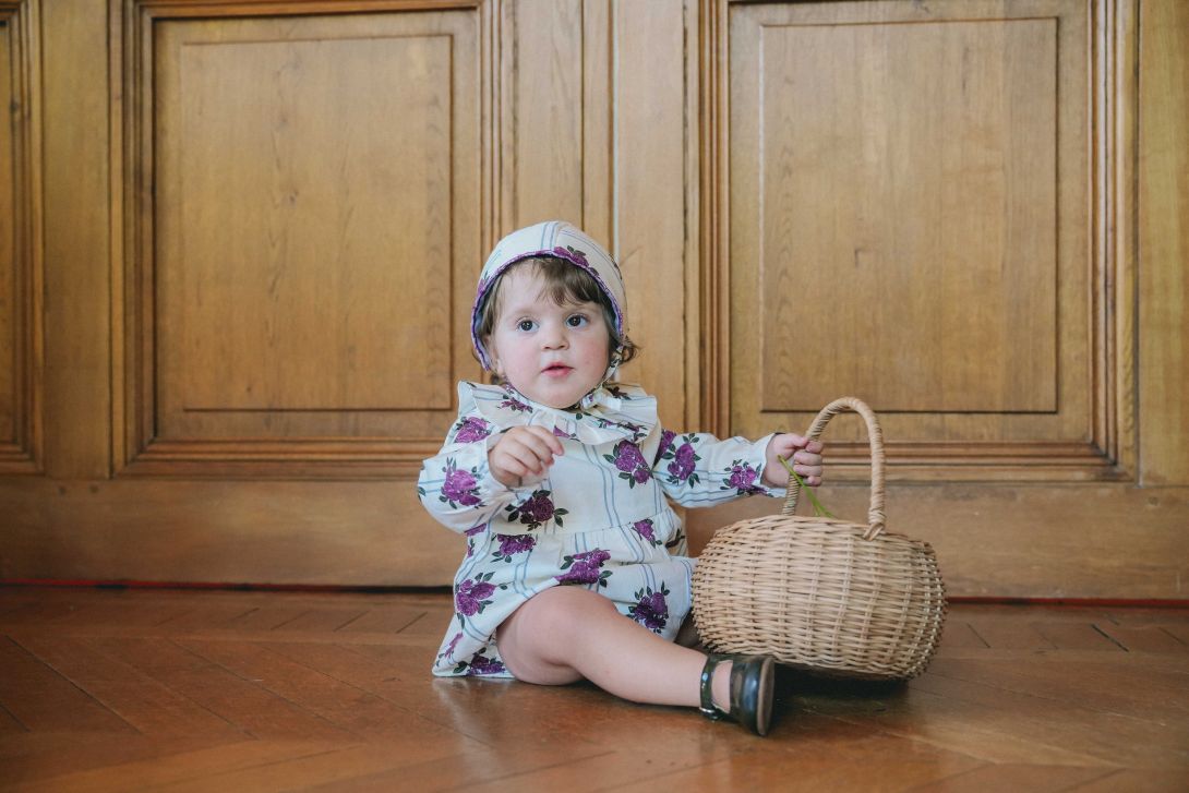 【LOIR Paris】Barboteuse NINE PEONIES & STRIPES ロンパース 12m,18m,24m  | Coucoubebe/ククベベ