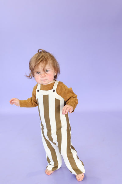 【GROWN】Vertical Stripe Knit Overalls Coffee オーバーオール 6-12m,12-18m,18-24m,2-3y（Sub Image-3） | Coucoubebe/ククベベ