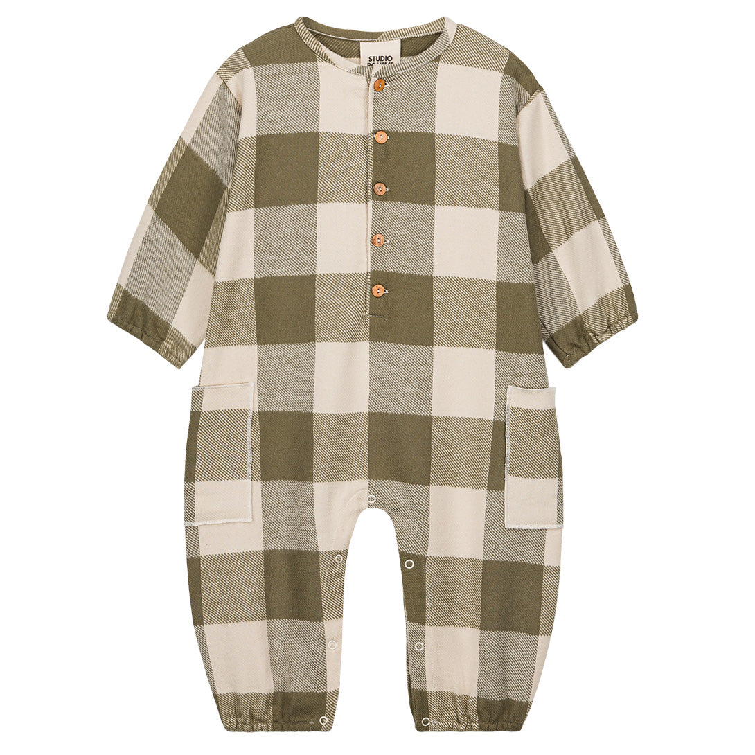 【STUDIO BOHEME】【9月上旬発送】BIG PAPI JUMPSUIT KAKI GINGHAM ロンパース 6m,12m,18m,24m  | Coucoubebe/ククベベ
