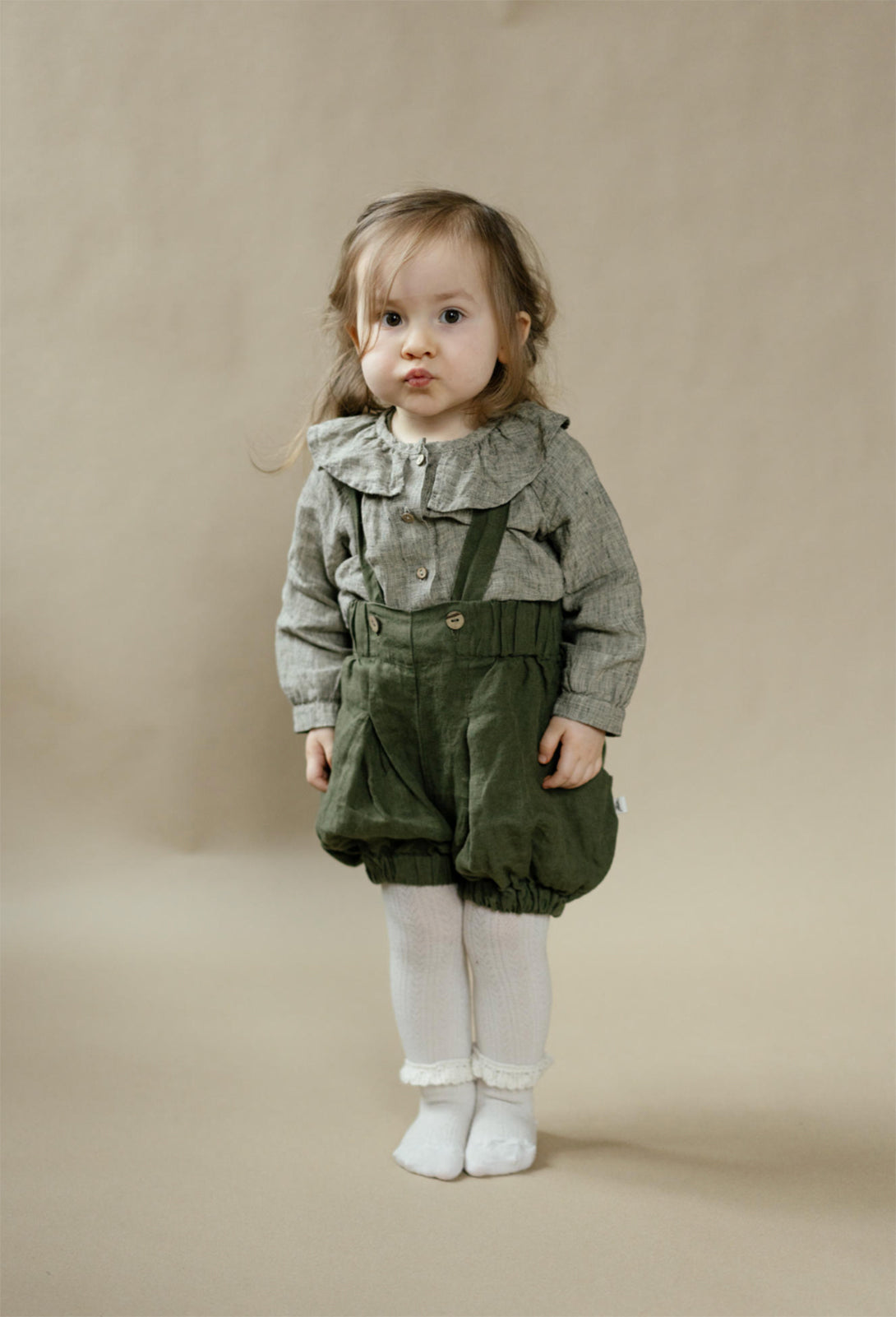 【LA PETITE ALICE】Linen shorts Mateo Mocha リネンショートパンツサスペンダー付き 86-92,92-98,98-104  | Coucoubebe/ククベベ