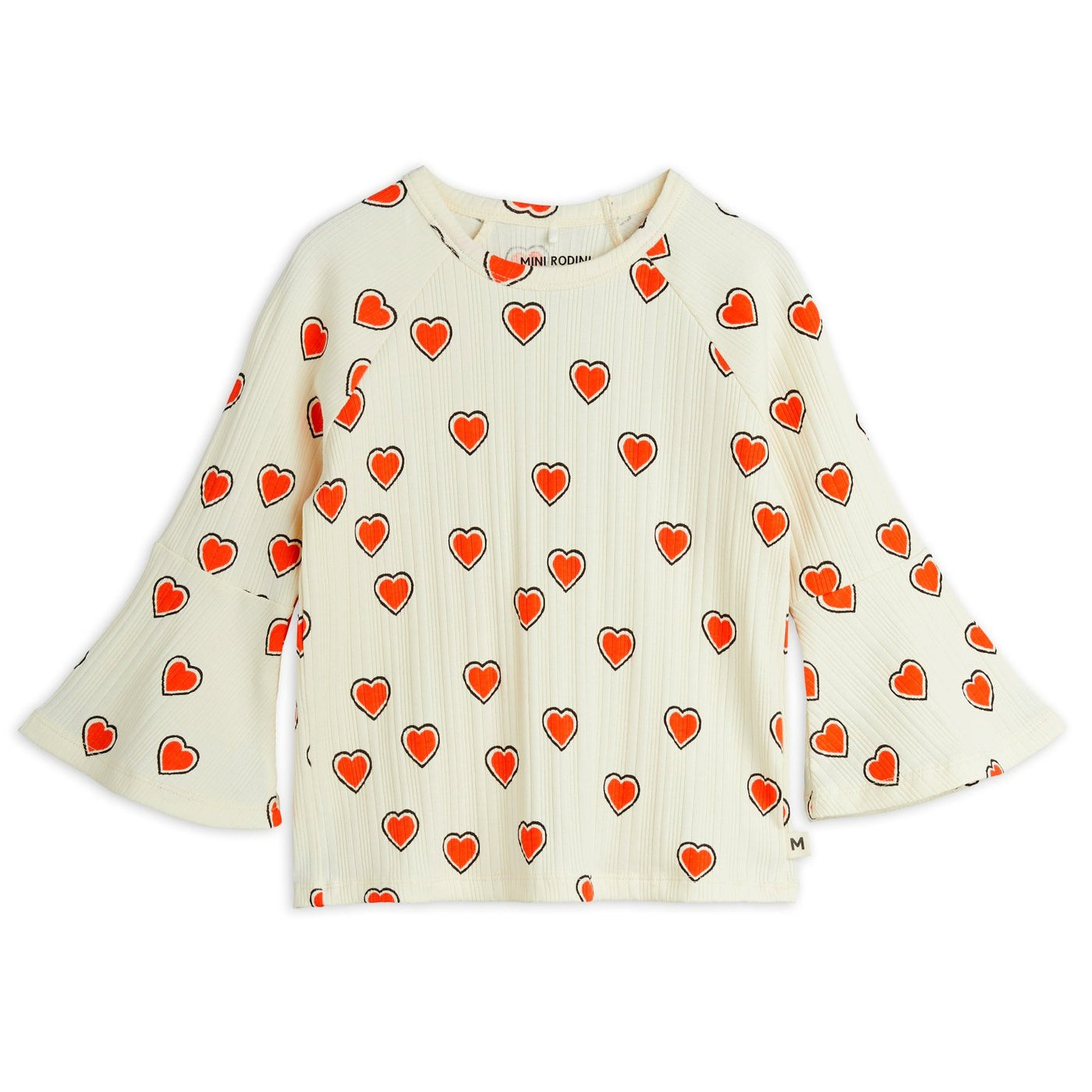 【mini rodini】Outlined hearts aop trumpet sleeve top Offwhite Tシャツ 80/86,92/98,104/110  | Coucoubebe/ククベベ