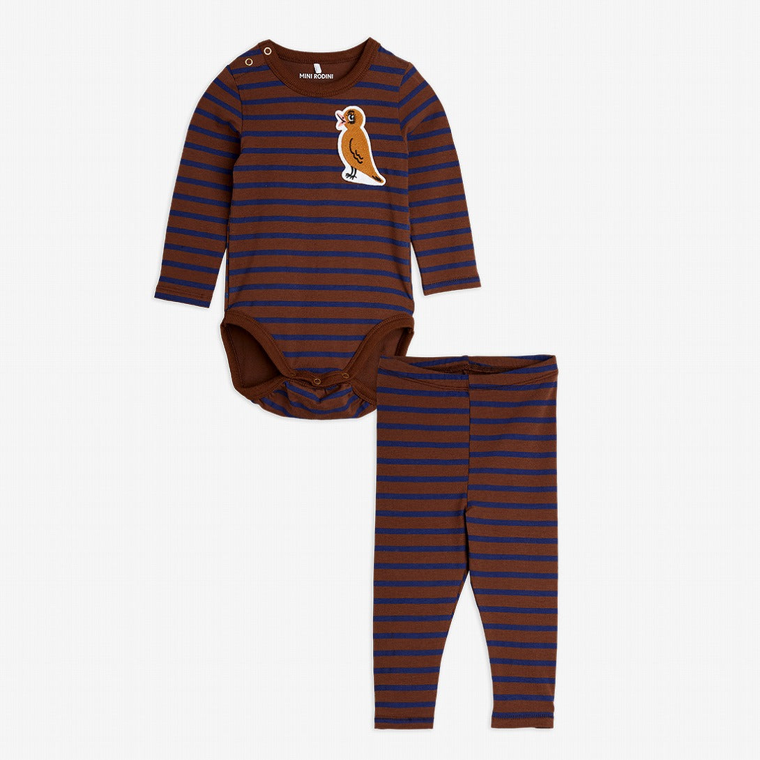 【mini rodini】Stripe bird patch baby set Brown ベビー服セット 68/74,80/86  | Coucoubebe/ククベベ