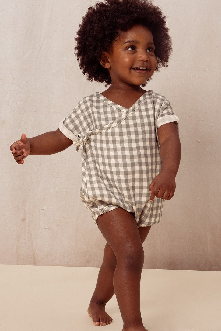 【STUDIO BOHEME】ROMPER NUAGE GINGHAM GREY GREEN ロンパース 3m,6m,12m  | Coucoubebe/ククベベ