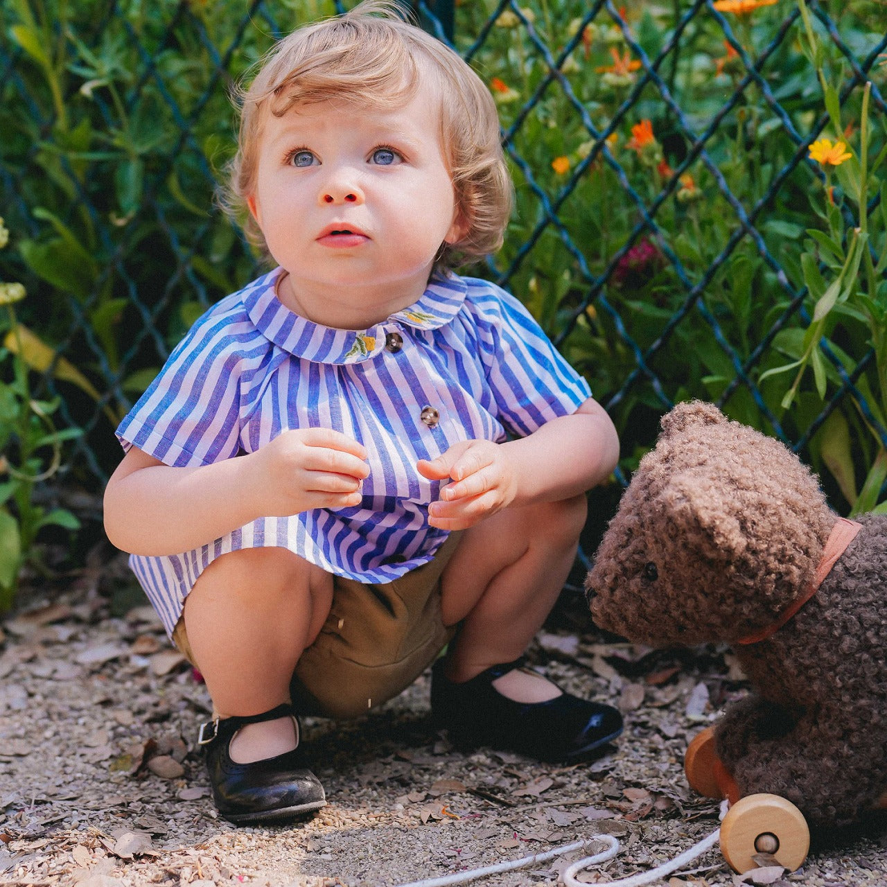 【LOIR Paris】SHIRT CEZANNE Large blue stripes 半袖シャツ 12m,18m,24m,36m  | Coucoubebe/ククベベ