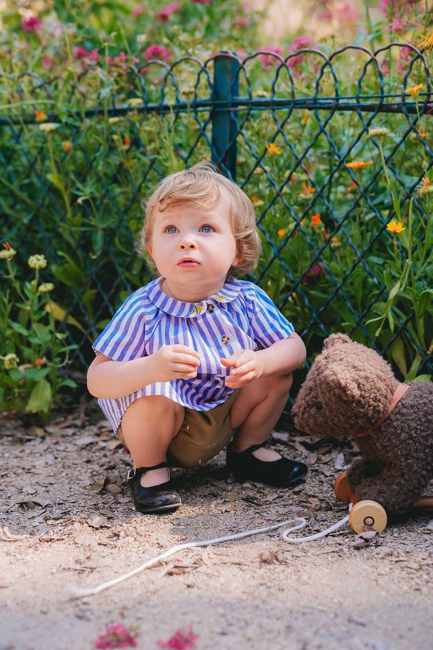 【LOIR Paris】SHIRT CEZANNE Large blue stripes 半袖シャツ 12m,18m,24m,36m  | Coucoubebe/ククベベ