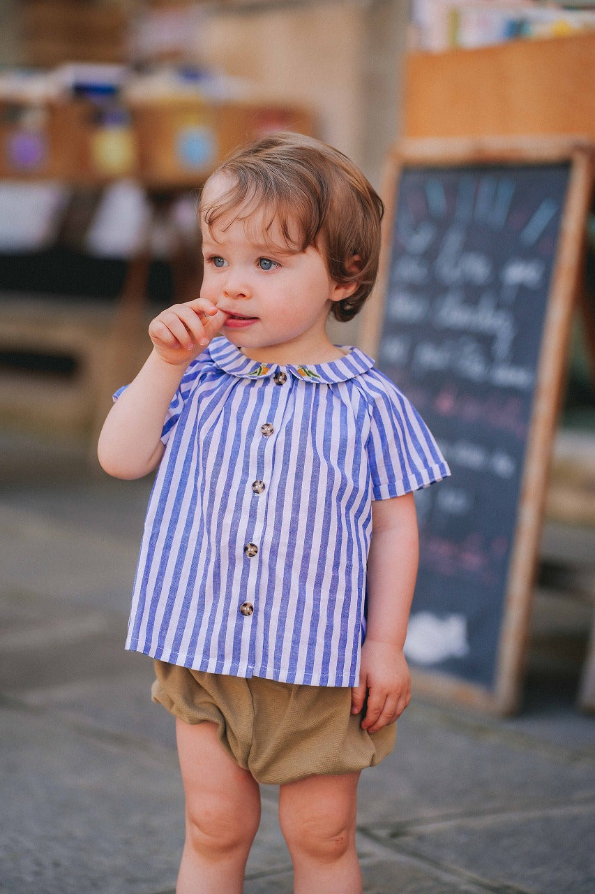 【LOIR Paris】SHIRT CEZANNE Large blue stripes 半袖シャツ 12m,18m,24m,36m  | Coucoubebe/ククベベ