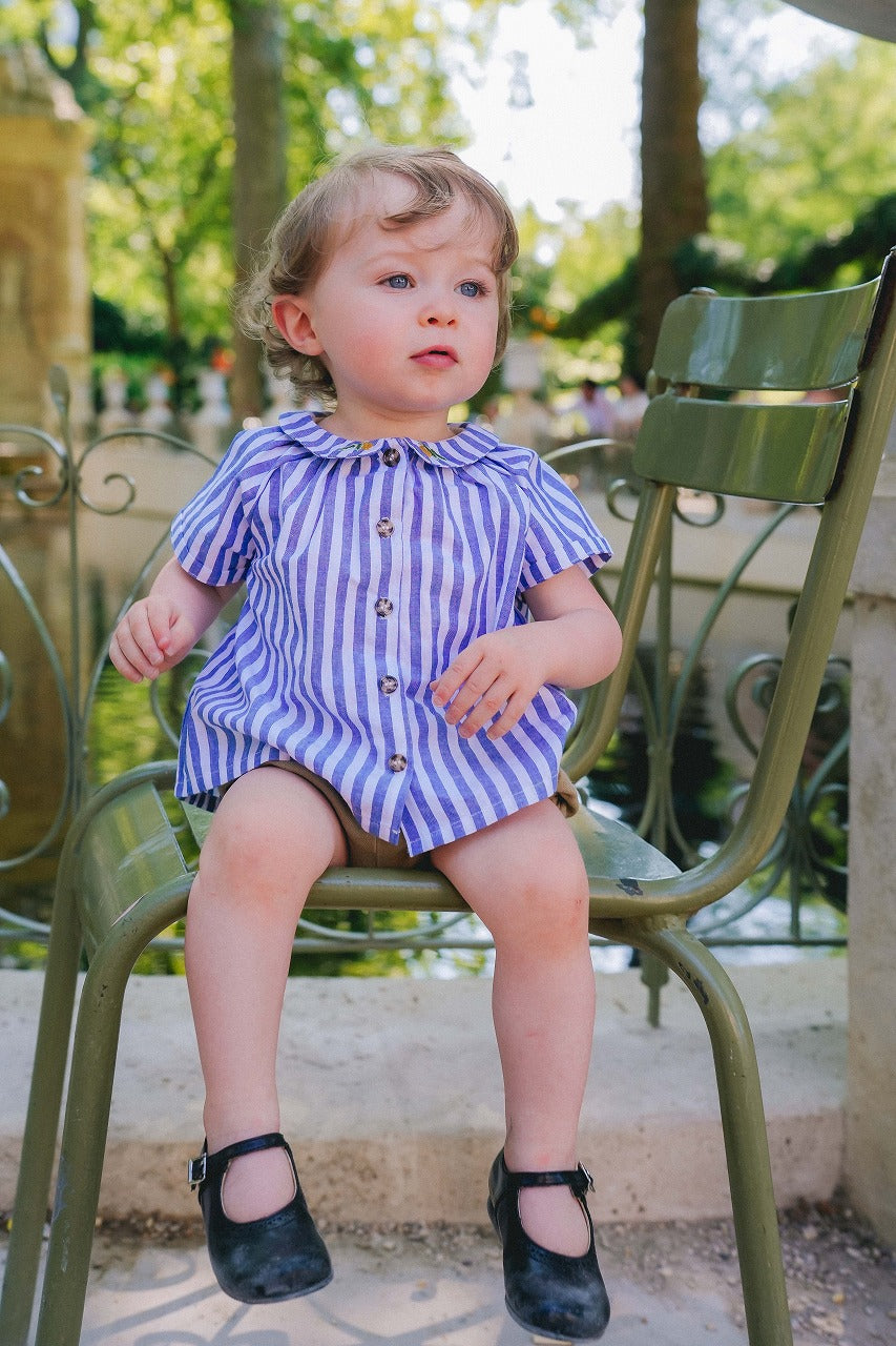 【LOIR Paris】SHIRT CEZANNE Large blue stripes 半袖シャツ 12m,18m,24m,36m  | Coucoubebe/ククベベ