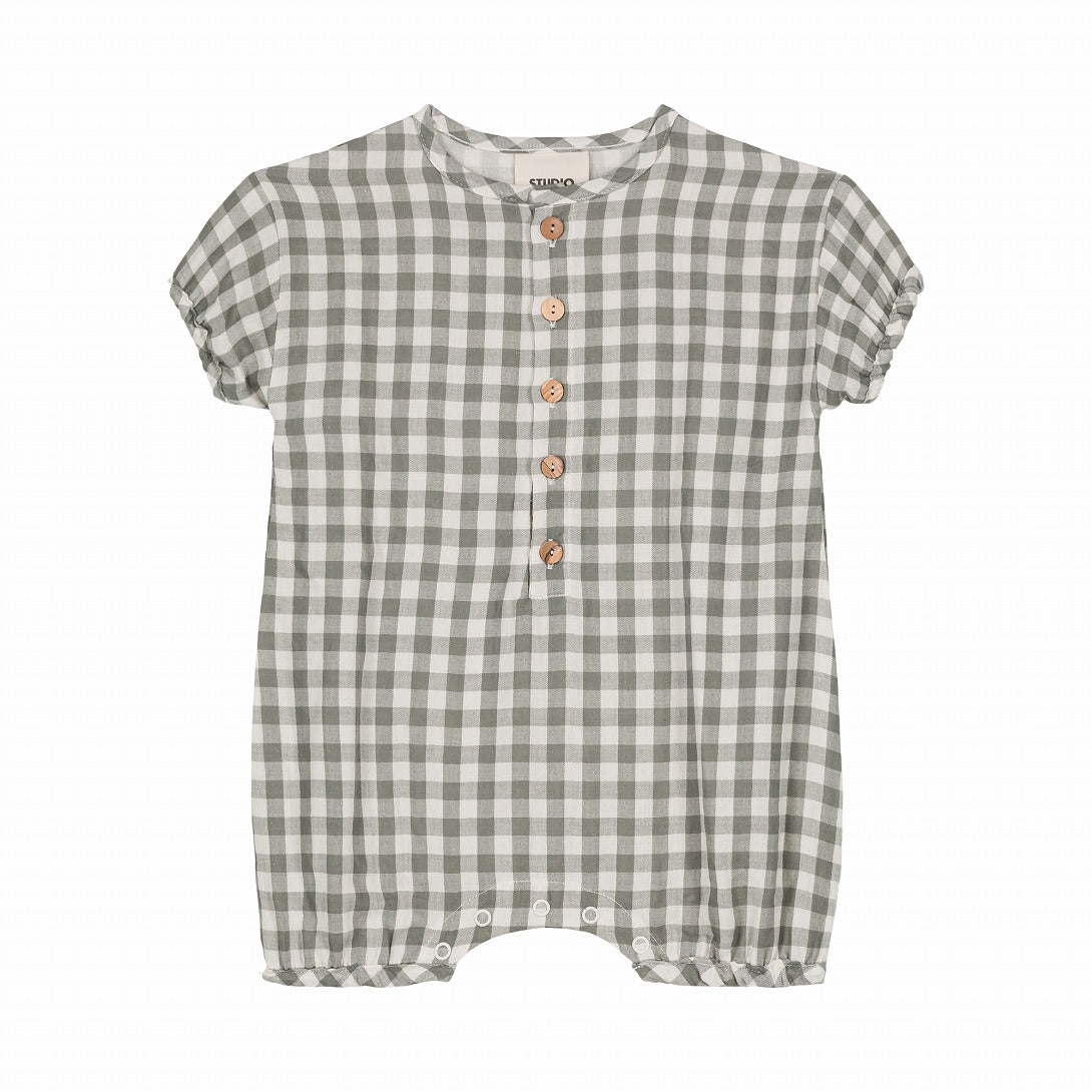 【STUDIO BOHEME】【予約】ROMPER BEBECITO GINGHAM GREY GREEN ロンパース 6m,12m,18m  | Coucoubebe/ククベベ