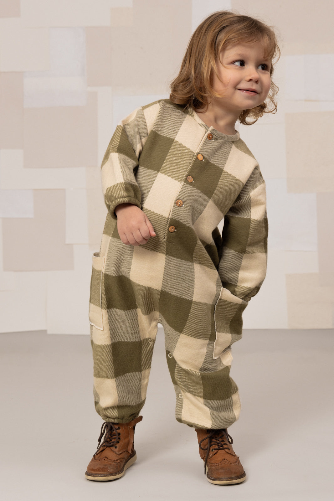 【STUDIO BOHEME】【9月上旬発送】BIG PAPI JUMPSUIT KAKI GINGHAM ロンパース 6m,12m,18m,24m  | Coucoubebe/ククベベ