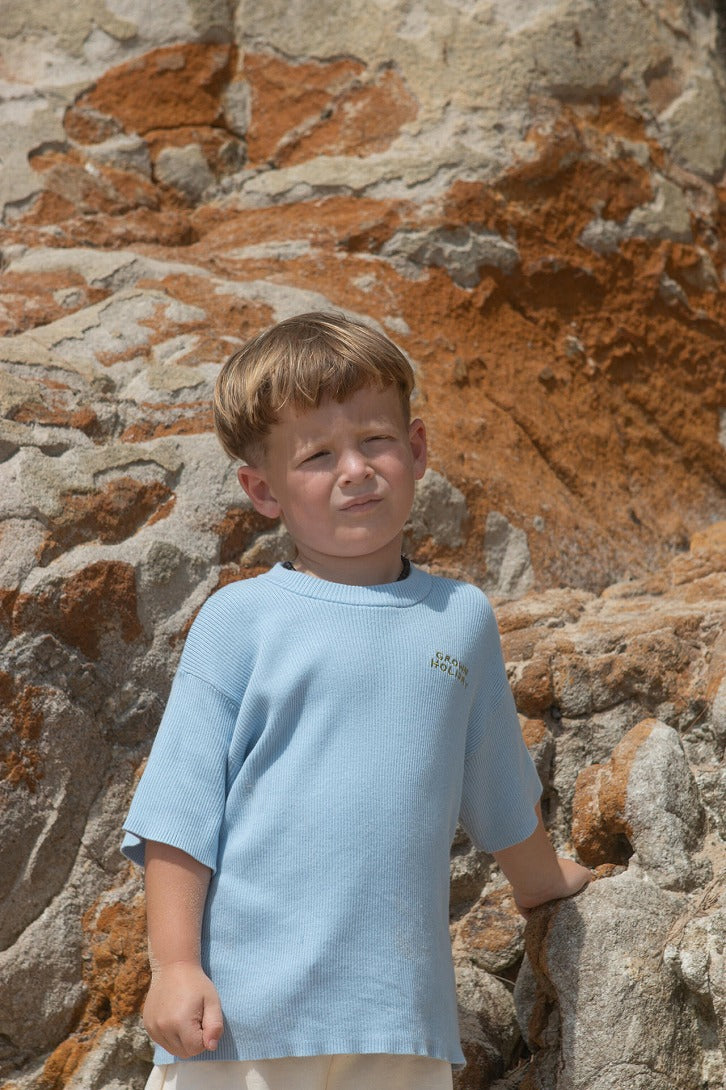 【GROWN】Organic Ribbed Knit Logo Tee Ocean Tシャツ 12-18m,18-24m,2-3y,3-4y  | Coucoubebe/ククベベ