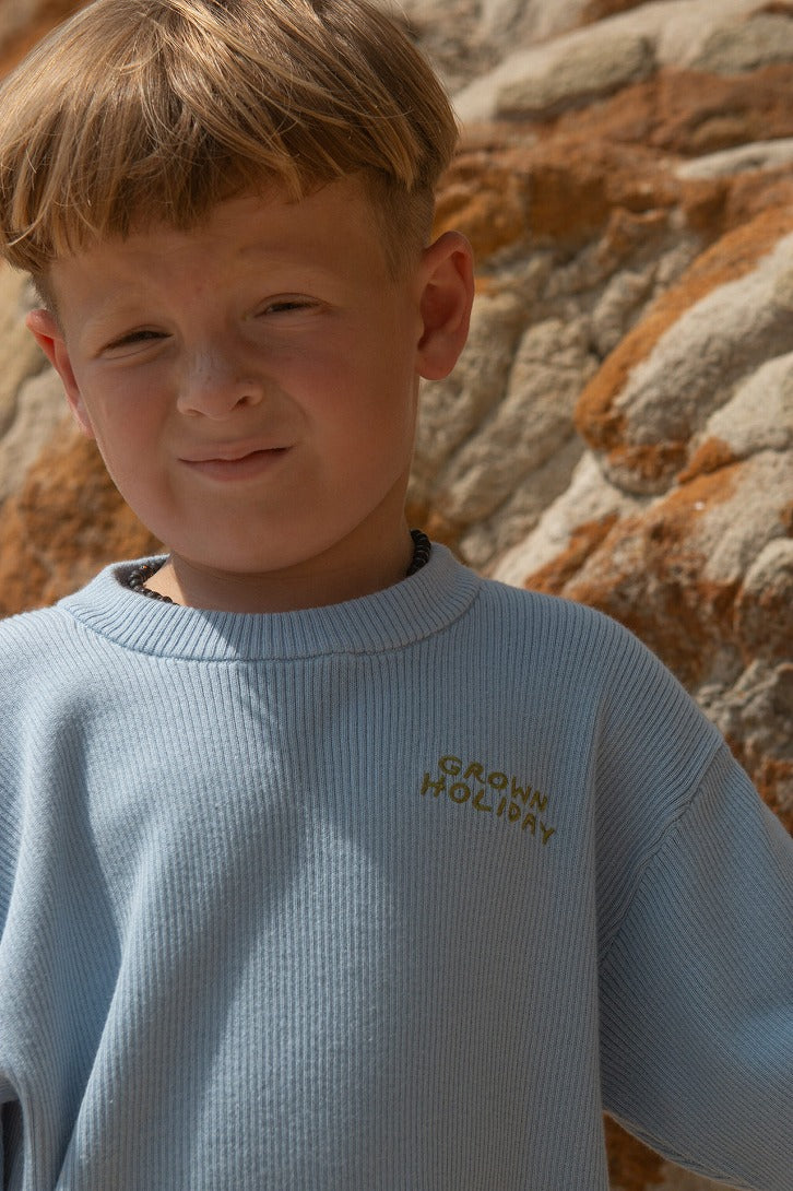 【GROWN】Organic Ribbed Knit Logo Tee Ocean Tシャツ 12-18m,18-24m,2-3y,3-4y  | Coucoubebe/ククベベ