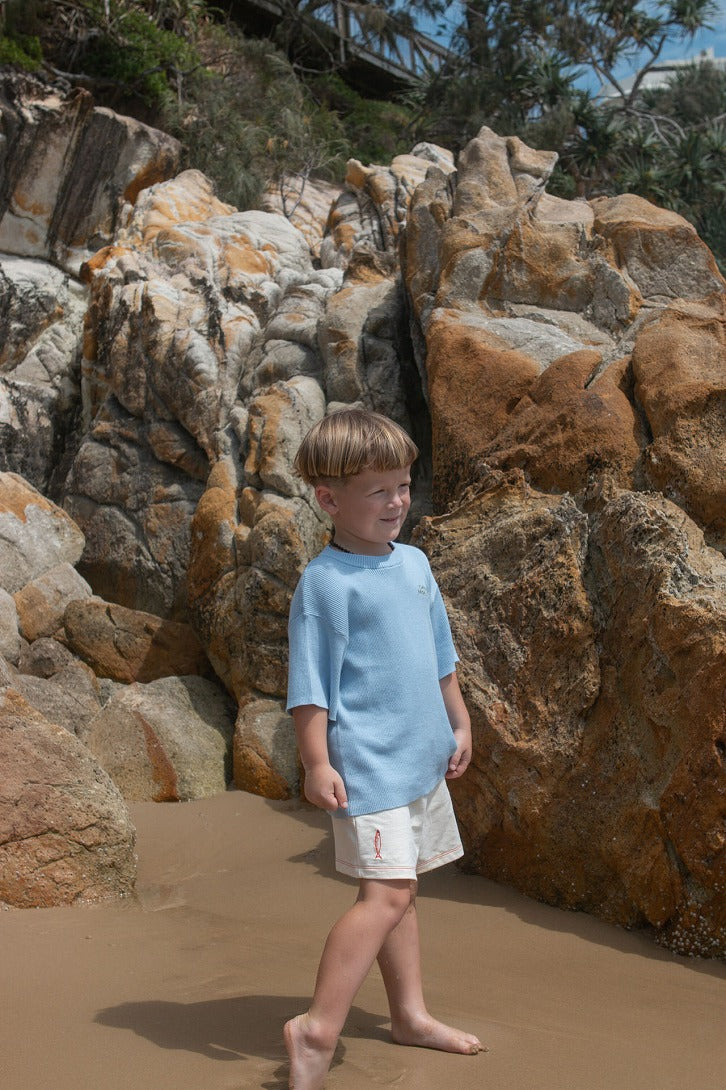 【GROWN】Organic Ribbed Knit Logo Tee Ocean Tシャツ 12-18m,18-24m,2-3y,3-4y  | Coucoubebe/ククベベ