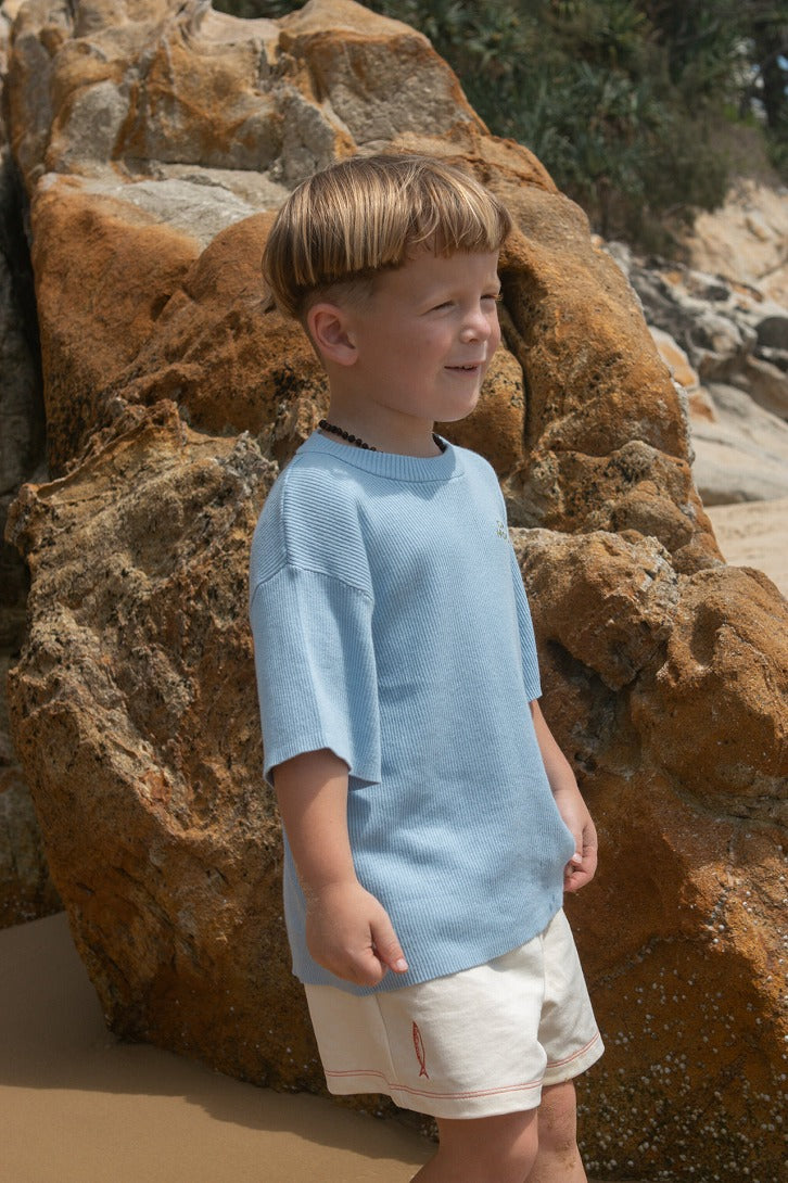 【GROWN】Organic Ribbed Knit Logo Tee Ocean Tシャツ 12-18m,18-24m,2-3y,3-4y  | Coucoubebe/ククベベ