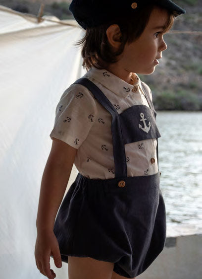 【Popelin】【30%OFF】Navy blue anchor motif dungarees with straps ダンガリー 9/12m,12/18m,18/24m  | Coucoubebe/ククベベ