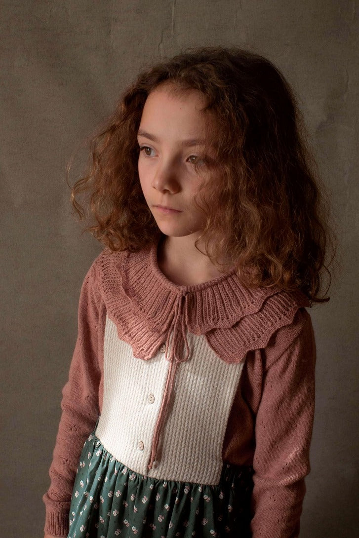 【Popelin】【40%OFF】Dusty pink knitted jersey with double frill collar 襟付きニット 12/18m,18/24m  | Coucoubebe/ククベベ