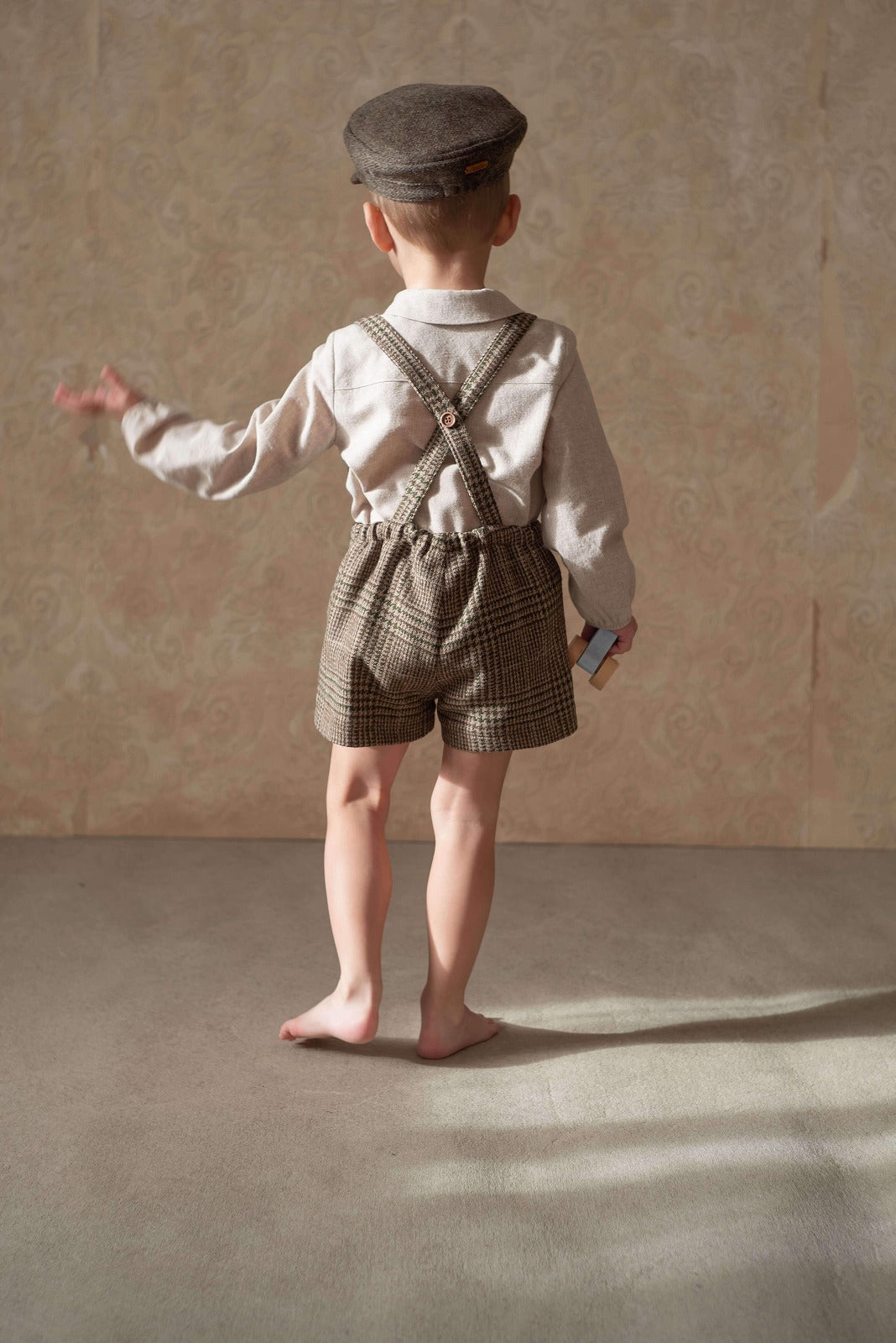 【Popelin】Brown plaid woollen short romper suit with pockets ロンパース 12/18m,18/24m,2/3y  | Coucoubebe/ククベベ