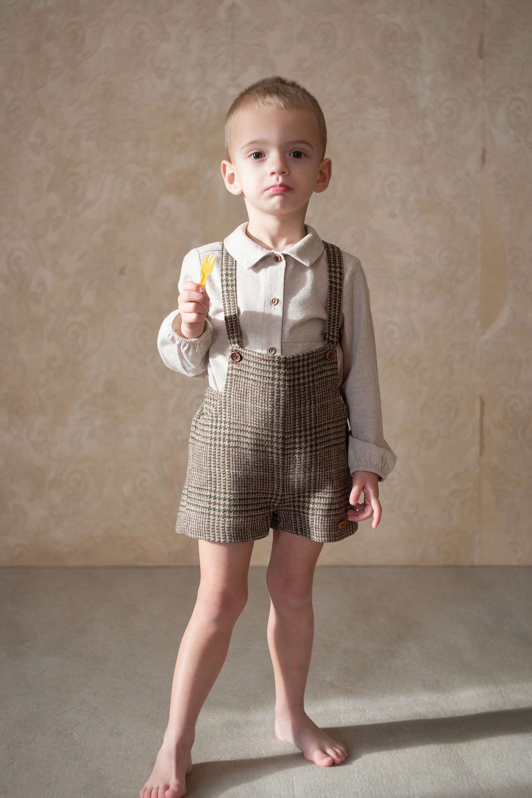 【Popelin】Brown plaid woollen short romper suit with pockets ロンパース 12/18m,18/24m,2/3y  | Coucoubebe/ククベベ