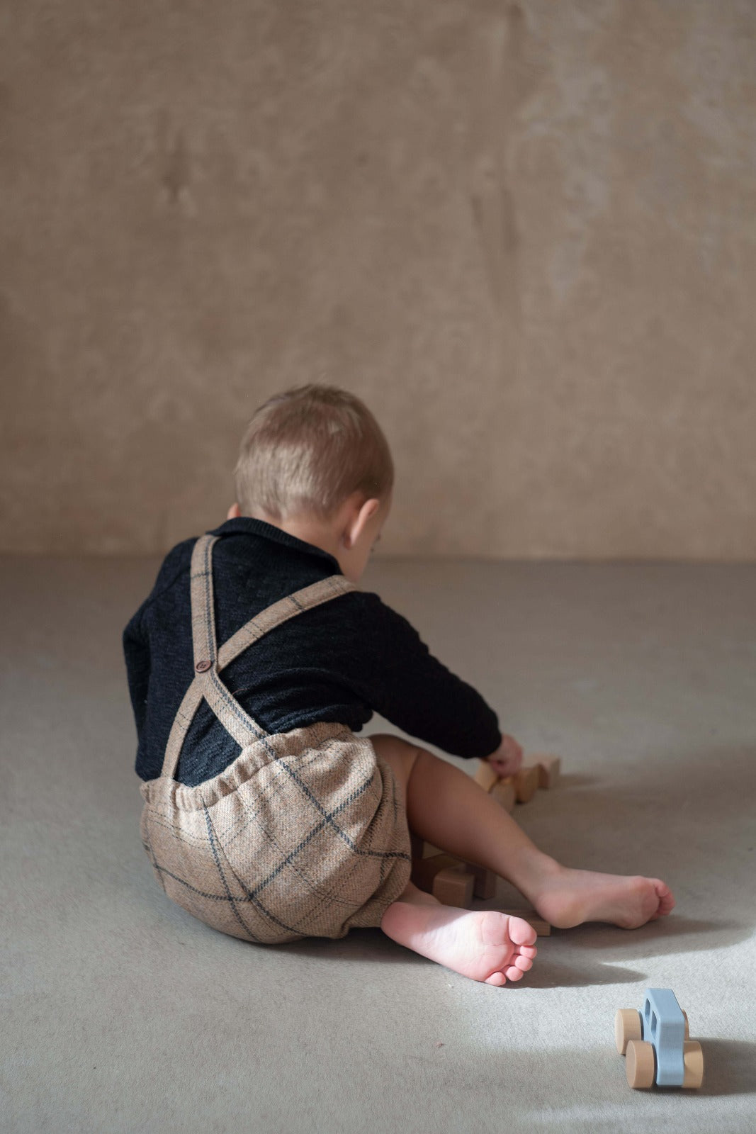 【Popelin】Beige plaid woollen short romper suit with pockets ロンパース 12/18m,18/24m,2/3y  | Coucoubebe/ククベベ