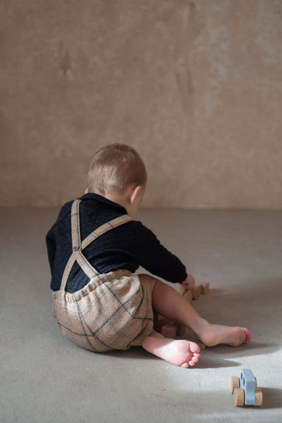 【Popelin】Beige plaid woollen short romper suit with pockets ロンパース 12/18m,18/24m,2/3y（Sub Image-5） | Coucoubebe/ククベベ