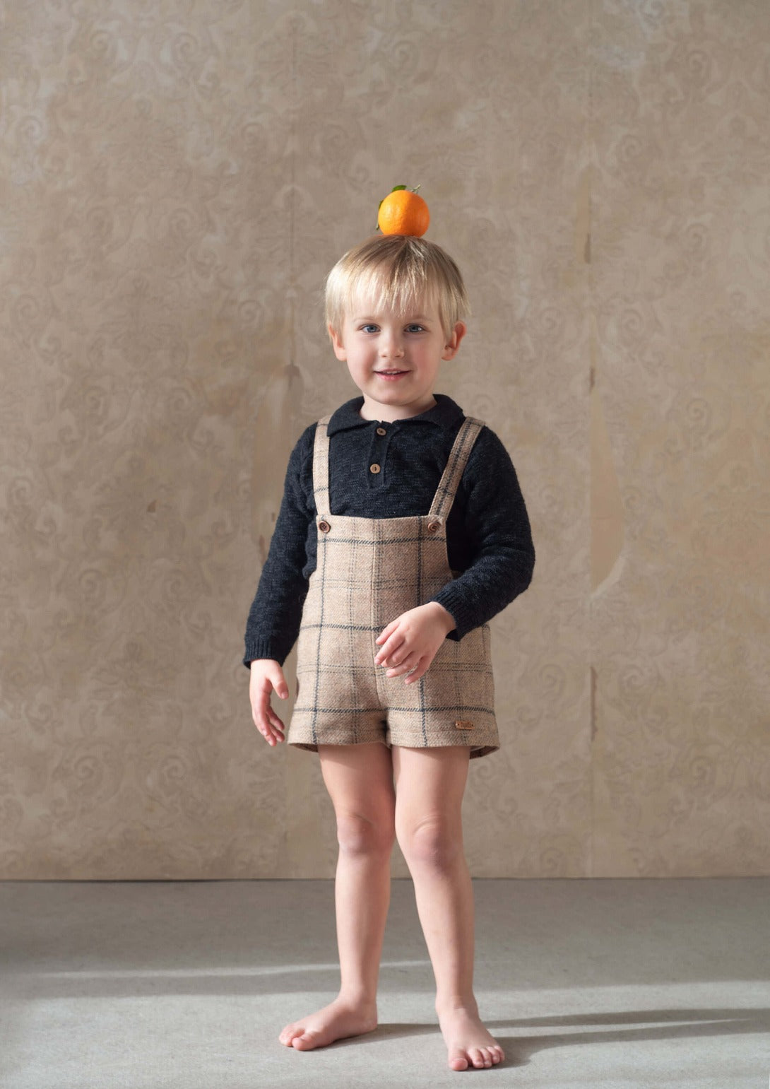 【Popelin】Beige plaid woollen short romper suit with pockets ロンパース 12/18m,18/24m,2/3y  | Coucoubebe/ククベベ