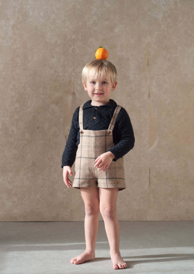 【Popelin】Beige plaid woollen short romper suit with pockets ロンパース 12/18m,18/24m,2/3y（Sub Image-4） | Coucoubebe/ククベベ