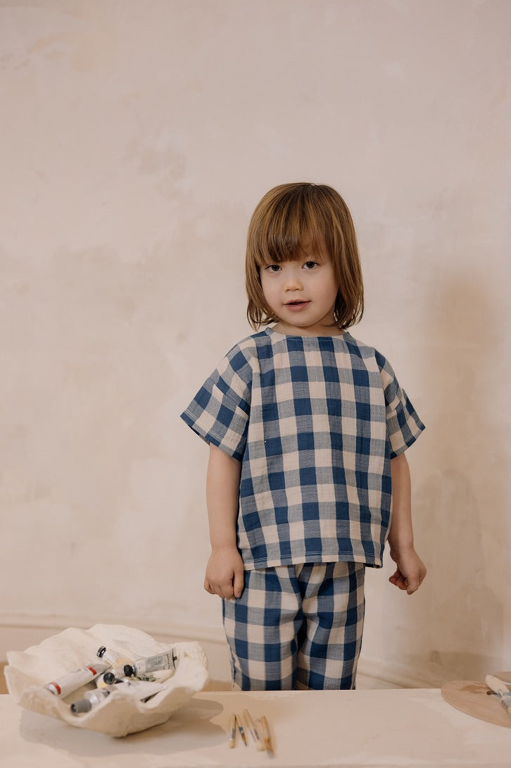 【organic zoo】Pottery Blue Gingham Boxy T-Shirt Tシャツ 6-12M,1-2Y,2-3Y,3-4Y  | Coucoubebe/ククベベ