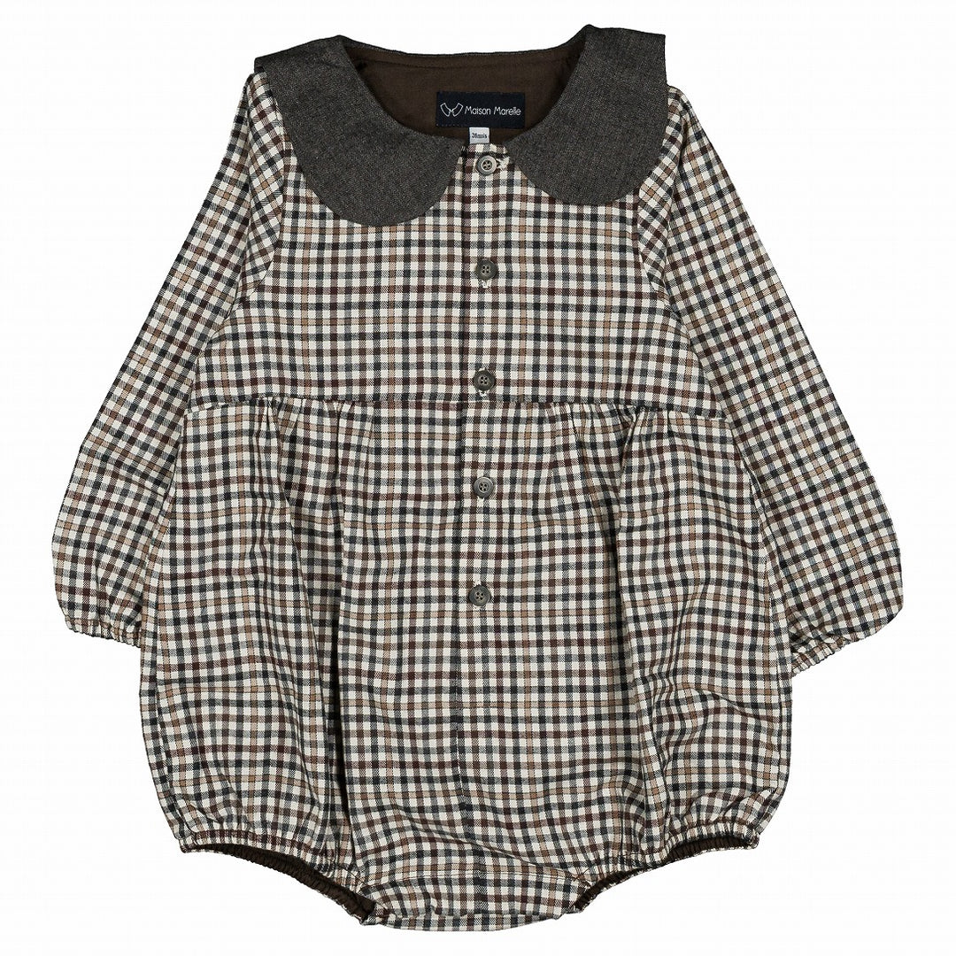 ロンパース・カバーオール Maison Marelle romper BAC gingham 18m Maison Marelle】Romper BAC gingham beige&gray ロンパース 12m,18m