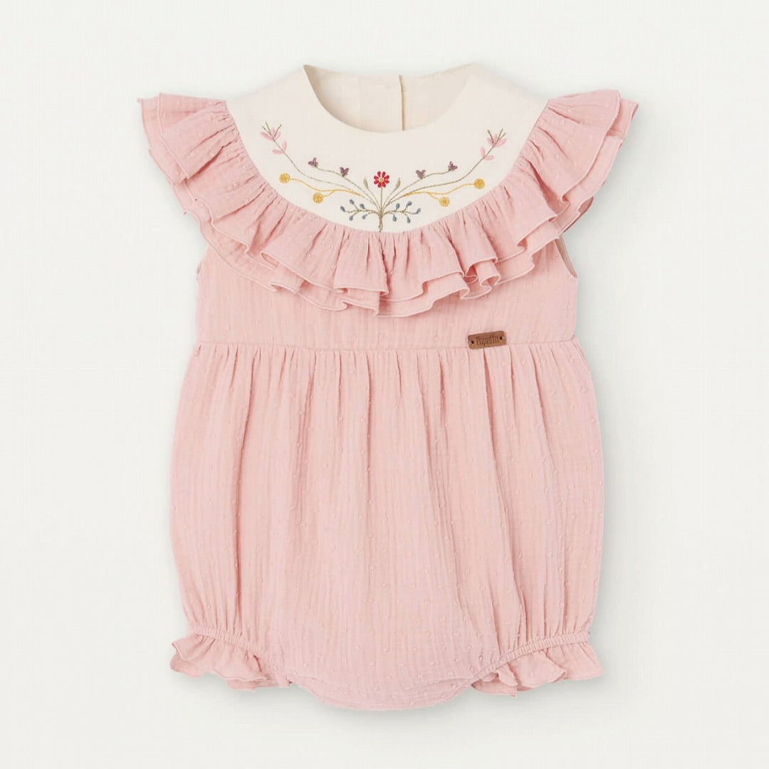 Popelin】【30％OFF】Pink romper suit with embroidered yoke