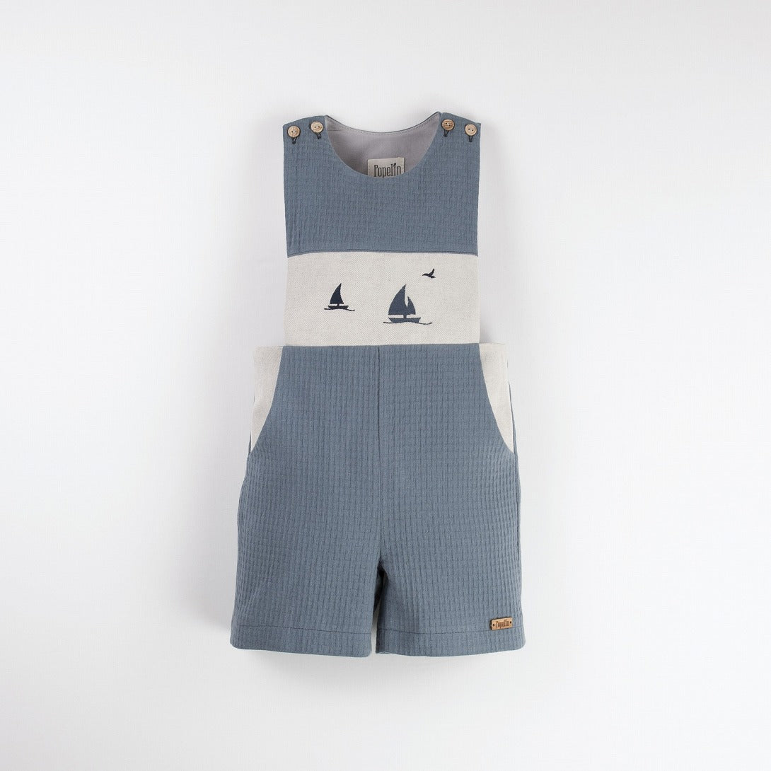 【Popelin】【30%OFF】Blue boat motif dungarees ダンガリー 12/18m,18/24m,2/3y,3/4y  | Coucoubebe/ククベベ