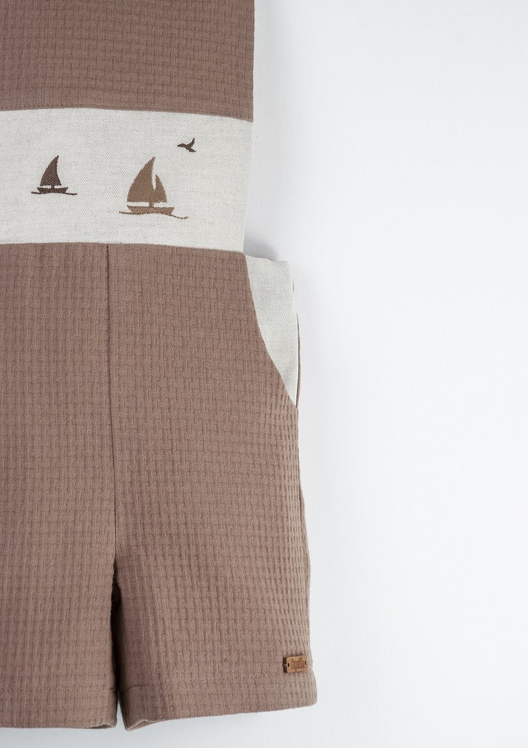 【Popelin】【30%OFF】Brown boat motif dungarees ダンガリー 12/18m,18/24m,2/3y,3/4y  | Coucoubebe/ククベベ