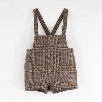 【Popelin】Brown plaid woollen short romper suit with pockets ロンパース 12/18m,18/24m,2/3y（Sub Image-1） | Coucoubebe/ククベベ