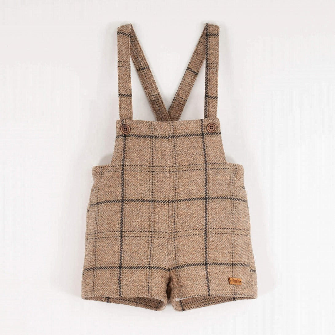 【Popelin】Beige plaid woollen short romper suit with pockets ロンパース 12/18m,18/24m,2/3y  | Coucoubebe/ククベベ