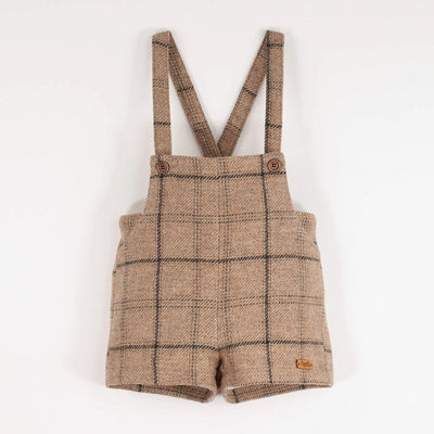 【Popelin】Beige plaid woollen short romper suit with pockets ロンパース 12/18m,18/24m,2/3y（Sub Image-1） | Coucoubebe/ククベベ