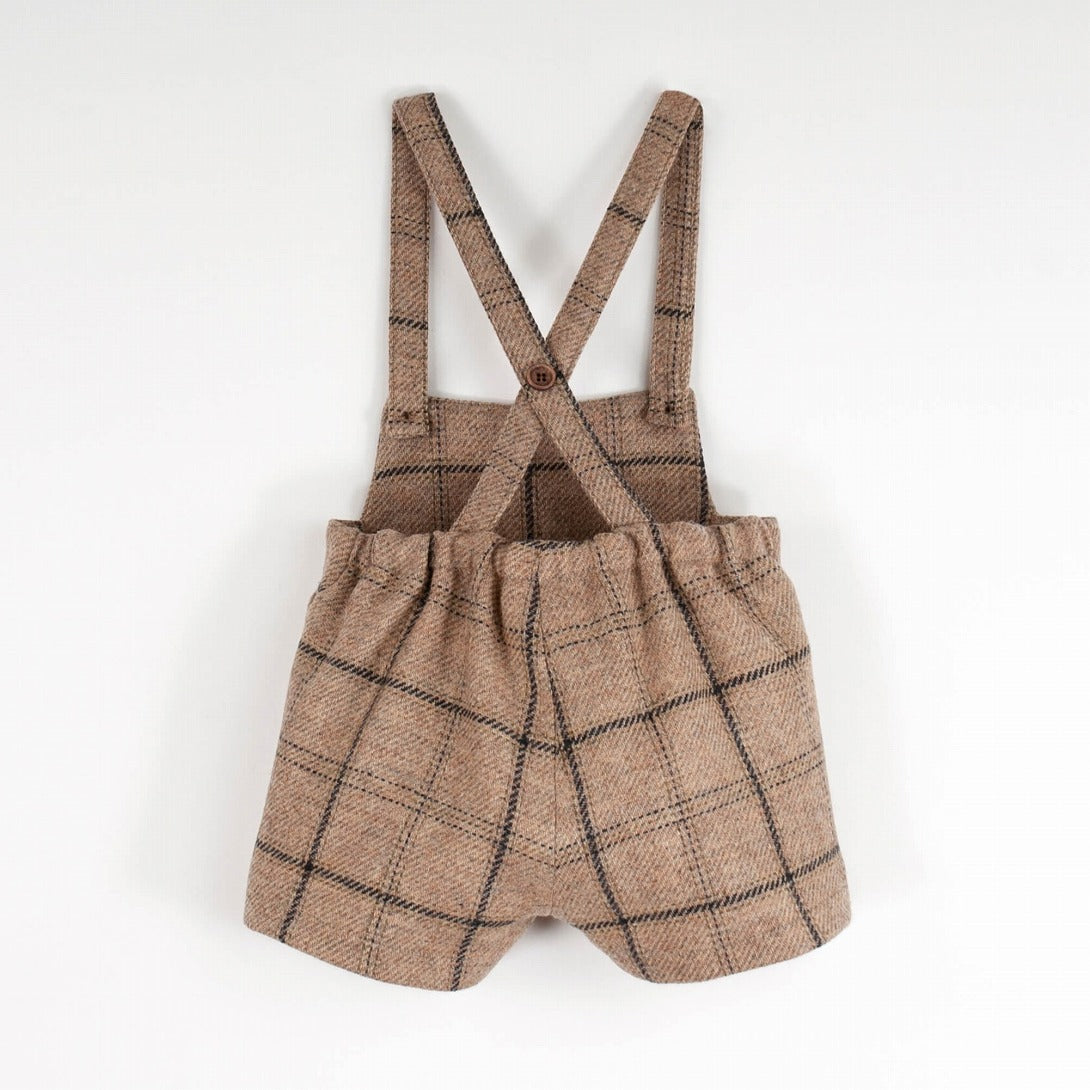 【Popelin】Beige plaid woollen short romper suit with pockets ロンパース 12/18m,18/24m,2/3y  | Coucoubebe/ククベベ