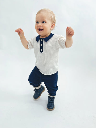 【AS WE GROW】【30%OFF】WAFFLE POLO CREAM/NAVY　ポロニット　18-36m,3-5y,6-8Y（Sub Image-4） | Coucoubebe/ククベベ