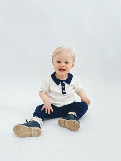 【AS WE GROW】【30%OFF】WAFFLE POLO CREAM/NAVY　ポロニット　18-36m,3-5y,6-8Y（Sub Image-3） | Coucoubebe/ククベベ