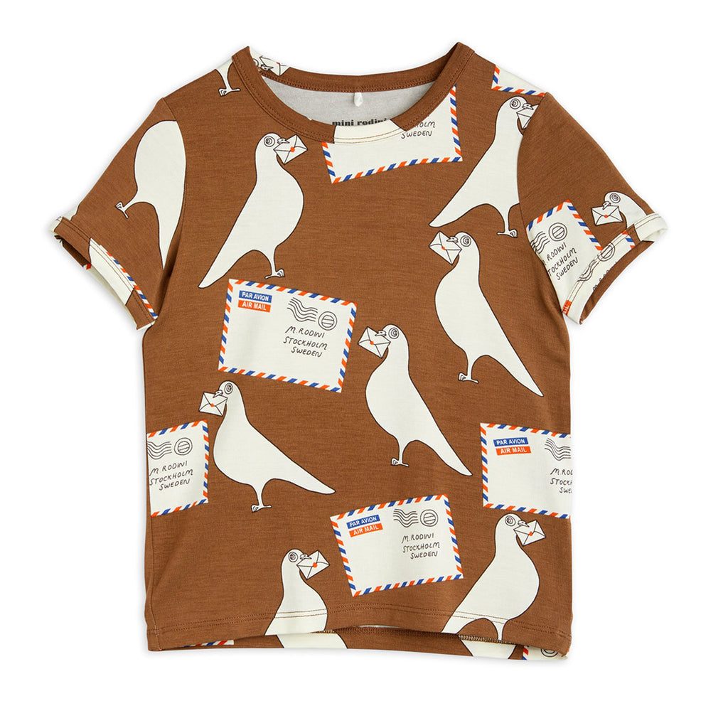 【mini rodini】【40％off】PIGEONS TENCEL AOP SS TEE BROWN ハト＆レター柄Tシャツ  80,92,104,116,128c | Coucoubebe/ククベベ