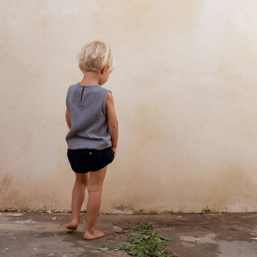 【Coucoubébé-baby】【50％off】Popelin Greyish-blue organic shirt with cutaway sleeve Mod.3.6　ポペリン　カッタウェイスリーブシャツ　グレイッシュブルー  | Coucoubebe/ククベベ