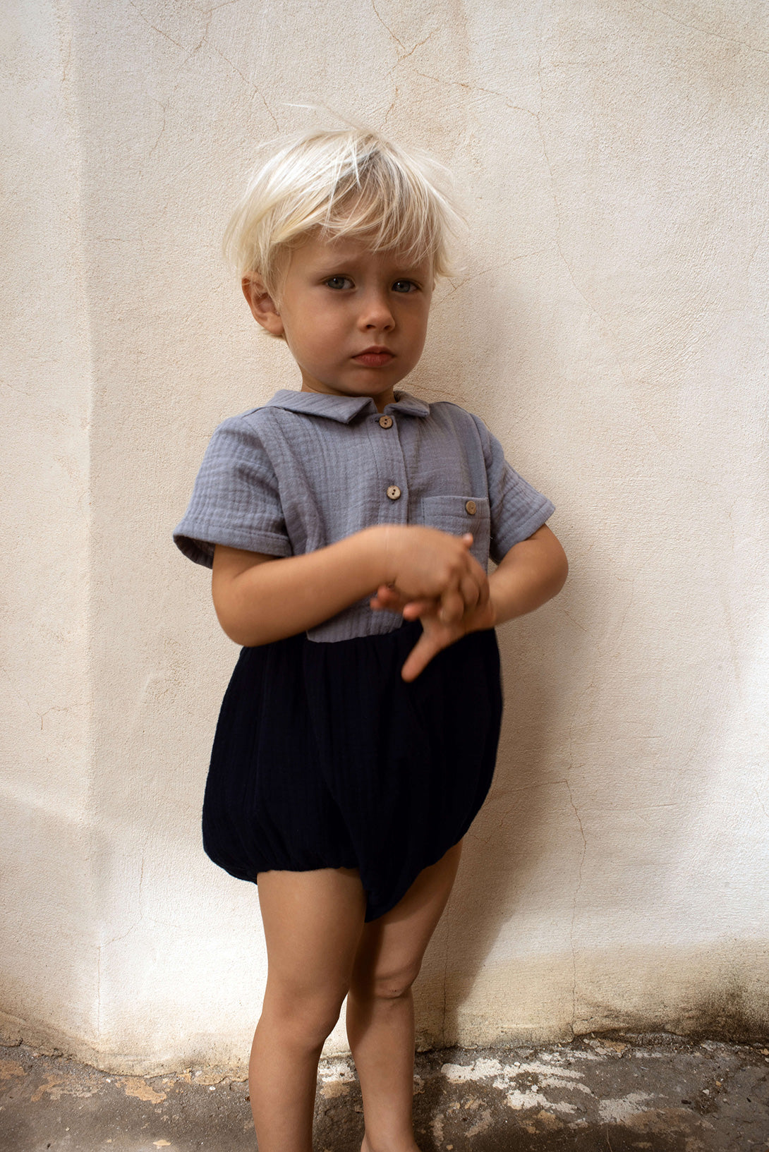 Coucoubébé-baby】Popelin Blue organic shirts-style romper suit Mod