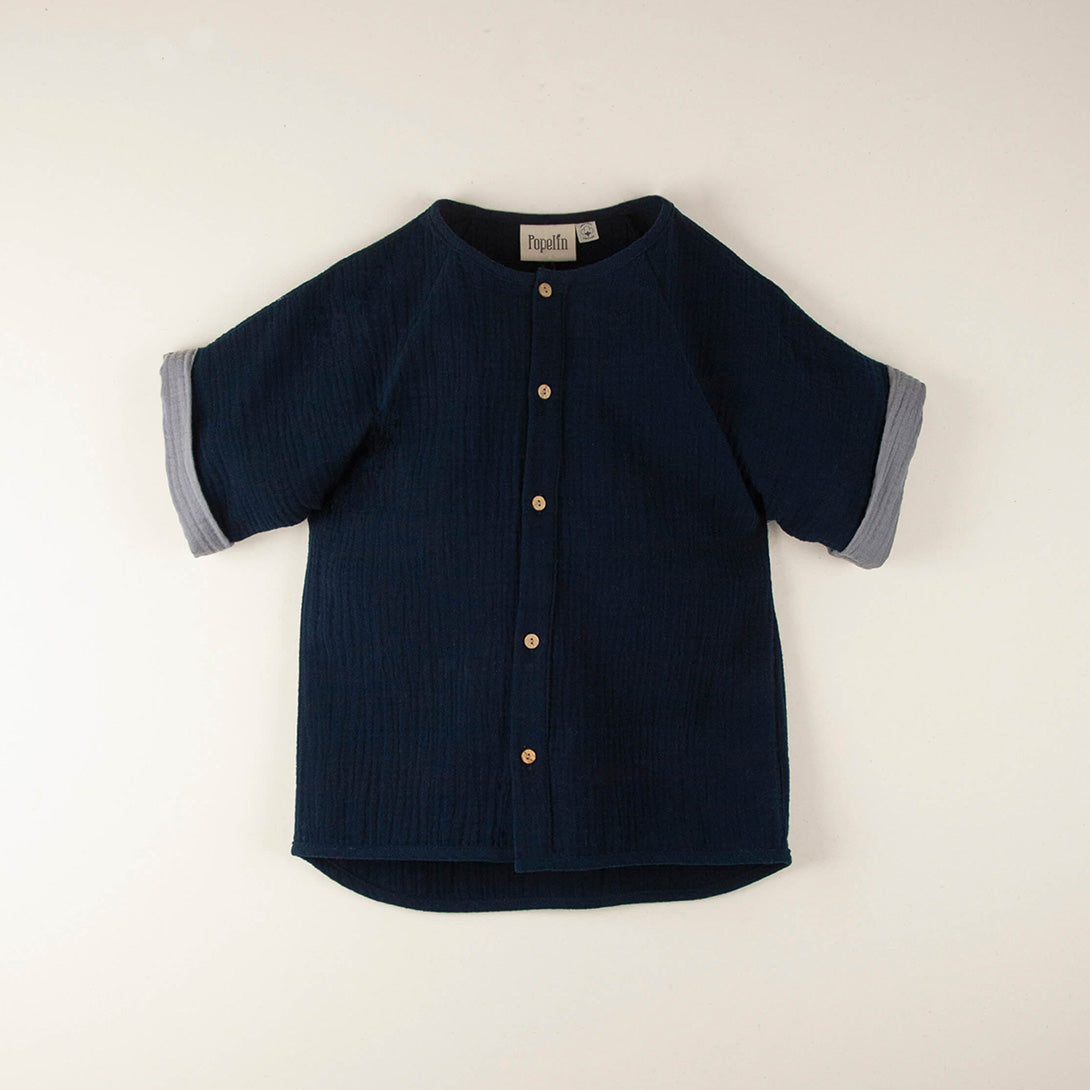 【Popelin】【50％off】Popelin Navy blue organic shirts with raglan sleeve Mod.20.2　ポペリン　ノーカラーシャツ　ネイビー  | Coucoubebe/ククベベ